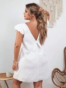 SHEIN VCAY 大碼後背繫帶蝴蝶袖連衣裙 - 白色 - 查看 1