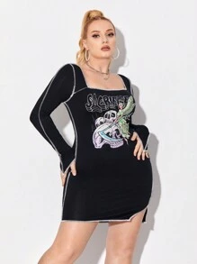 Abcdefckstudio 大碼字母&骷髅頭圖案拼接車縫緊身洋裝 - 黑色 - 查看 2