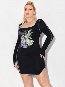 Abcdefckstudio 大碼字母&骷髅頭圖案拼接車縫緊身洋裝 - 黑色 - 查看 4