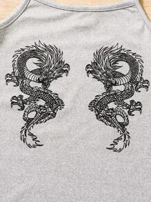 SHEIN 女孩中國龍印花下擺開叉吊帶連衣裙&盤口夾克 - 灰色 - 查看 6