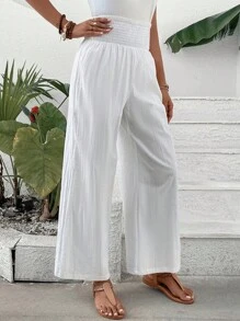 SHEIN VCAY 素色闊腿褲 - 白色 - 查看 3