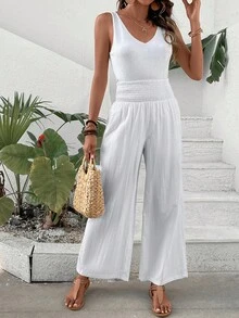 SHEIN VCAY 素色闊腿褲 - 白色 - 查看 5