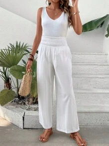 SHEIN VCAY 素色闊腿褲 - 白色 - 查看 6