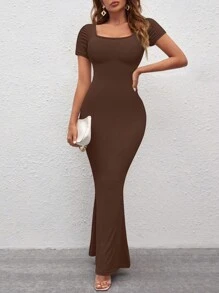 SHEIN SXY Đầm màu trơn Thanh lịch - Màu nâu Sô-cô-la - Xem 1