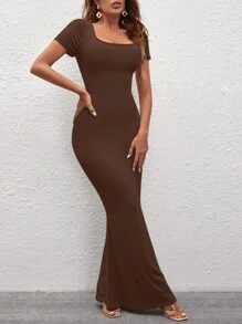 SHEIN SXY Đầm màu trơn Thanh lịch - Màu nâu Sô-cô-la - Xem 3