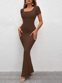 SHEIN SXY Đầm màu trơn Thanh lịch - Màu nâu Sô-cô-la - Xem 5