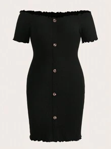 SHEIN EZwear 大碼一字肩木耳邊前紐扣緊身洋裝 - 黑色 - 查看 1