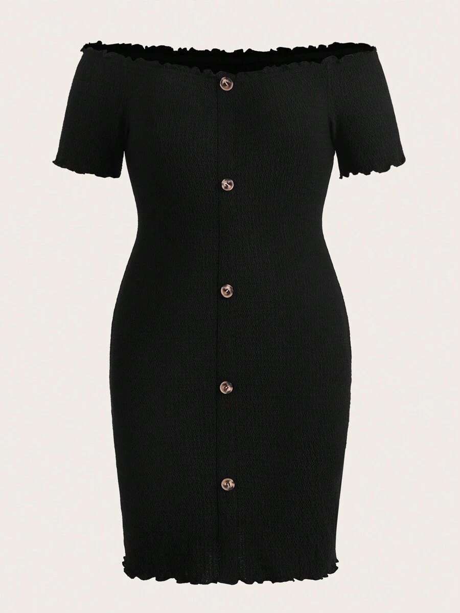 SHEIN EZwear 大碼一字肩木耳邊前紐扣緊身洋裝 - 黑色 - 查看 1