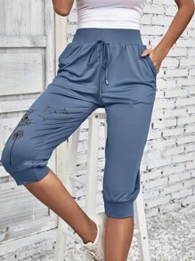 EMERY ROSE 印花前繫帶長褲 - 藏蓝色 - 查看 3