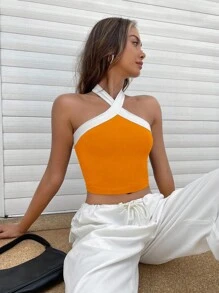 SHEIN EZwear 拼接邊繞頸短上衣 - 橘色 - 查看 1