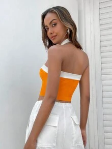 SHEIN EZwear 拼接邊繞頸短上衣 - 橘色 - 查看 2