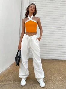 SHEIN EZwear 拼接邊繞頸短上衣 - 橘色 - 查看 5