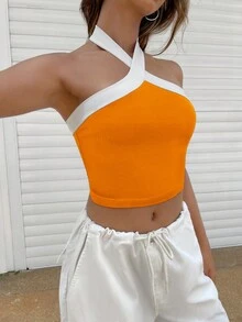 SHEIN EZwear 拼接邊繞頸短上衣 - 橘色 - 查看 6