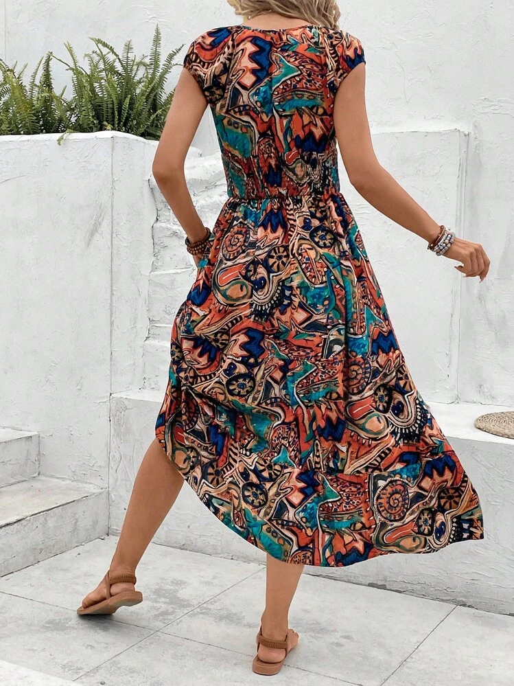 SHEIN VCAY Allover Print Ruffle Hem Dress - Multicolor - View 3