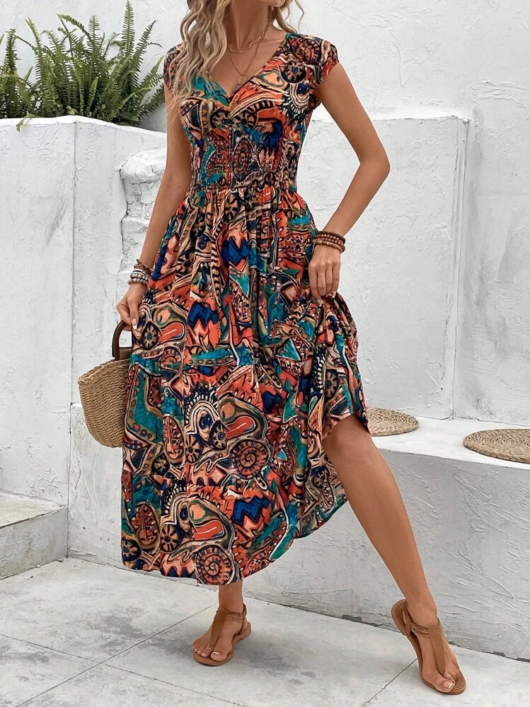 SHEIN VCAY Allover Print Ruffle Hem Dress - Multicolor - View 4