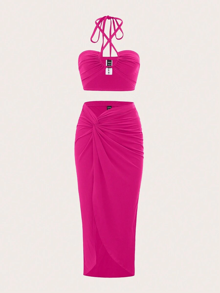 SHEIN ICON Bộ đồ hai mảnh nữ Hội Chữ thập Buộc lại xoắn lại màu trơn Giải trí - Màu Hồng Tươi - Xem 1