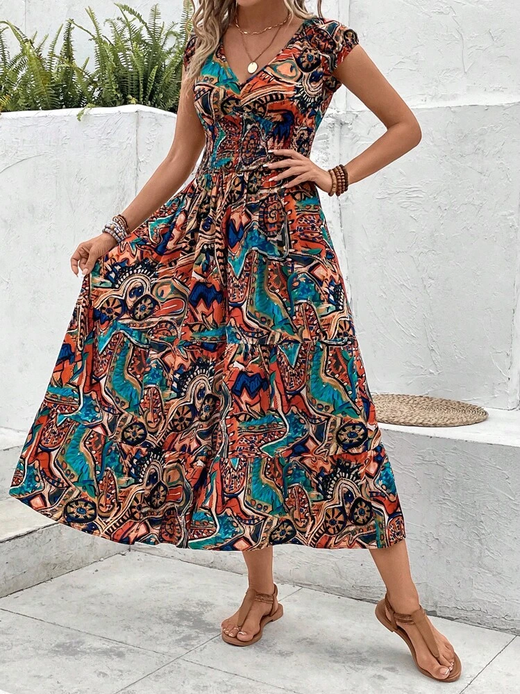 SHEIN VCAY Allover Print Ruffle Hem Dress - Multicolor - View 5