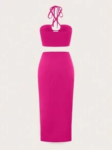 SHEIN ICON Bộ đồ hai mảnh nữ Hội Chữ thập Buộc lại xoắn lại màu trơn Giải trí - Màu Hồng Tươi - Xem 2