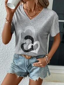 SHEIN LUNE In Trái tim Cổ v Áo thun - Màu Xám nhạt - Xem 4