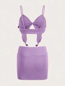 SHEIN ICON Bộ đồ hai mảnh nữ Bất đối xứng Lộ Lưng Cắt ra xoắn lại màu trơn Gợi cảm - Màu Lilac Tím - Xem 2