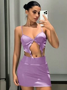 SHEIN ICON Bộ đồ hai mảnh nữ Bất đối xứng Lộ Lưng Cắt ra xoắn lại màu trơn Gợi cảm - Màu Lilac Tím - Xem 3