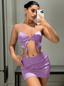 SHEIN ICON Bộ đồ hai mảnh nữ Bất đối xứng Lộ Lưng Cắt ra xoắn lại màu trơn Gợi cảm - Màu Lilac Tím - Xem 4