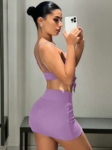 SHEIN ICON Bộ đồ hai mảnh nữ Bất đối xứng Lộ Lưng Cắt ra xoắn lại màu trơn Gợi cảm - Màu Lilac Tím - Xem 5