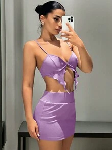 SHEIN ICON Bộ đồ hai mảnh nữ Bất đối xứng Lộ Lưng Cắt ra xoắn lại màu trơn Gợi cảm - Màu Lilac Tím - Xem 6