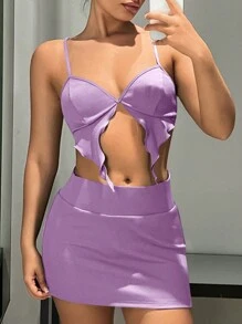SHEIN ICON Bộ đồ hai mảnh nữ Bất đối xứng Lộ Lưng Cắt ra xoắn lại màu trơn Gợi cảm - Màu Lilac Tím - Xem 7