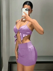 SHEIN ICON Bộ đồ hai mảnh nữ Bất đối xứng Lộ Lưng Cắt ra xoắn lại màu trơn Gợi cảm - Màu Lilac Tím - Xem 8