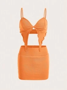 SHEIN ICON Bộ đồ hai mảnh nữ Bất đối xứng Gân đan màu trơn Gợi cảm - trái cam - Xem 1