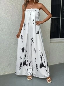 SHEIN LUNE Nhuộm buộc quần ống rộng Jumpsuit ống - Đen và trắng - Xem 1