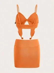 SHEIN ICON Bộ đồ hai mảnh nữ Bất đối xứng Gân đan màu trơn Gợi cảm - trái cam - Xem 2