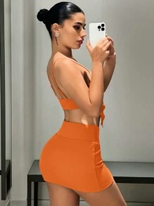 SHEIN ICON Bộ đồ hai mảnh nữ Bất đối xứng Gân đan màu trơn Gợi cảm - trái cam - Xem 3