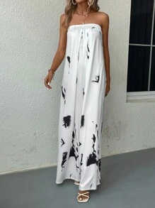 SHEIN LUNE Nhuộm buộc quần ống rộng Jumpsuit ống - Đen và trắng - Xem 3