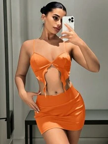 SHEIN ICON Bộ đồ hai mảnh nữ Bất đối xứng Gân đan màu trơn Gợi cảm - trái cam - Xem 5