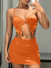 SHEIN ICON Bộ đồ hai mảnh nữ Bất đối xứng Gân đan màu trơn Gợi cảm - trái cam - Xem 7