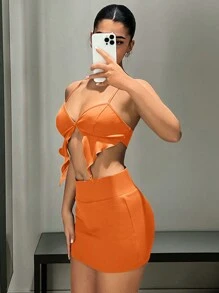 SHEIN ICON Bộ đồ hai mảnh nữ Bất đối xứng Gân đan màu trơn Gợi cảm - trái cam - Xem 8