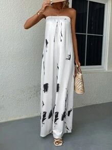SHEIN LUNE Nhuộm buộc quần ống rộng Jumpsuit ống - Đen và trắng - Xem 6