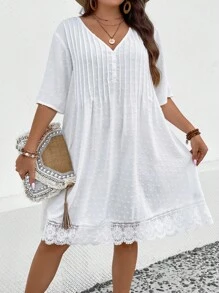 SHEIN LUNE 大碼圓點蕾絲拼接連衣裙 - 白色 - 查看 1