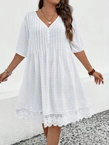 SHEIN LUNE 大碼圓點蕾絲拼接連衣裙 - 白色 - 查看 3