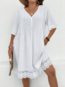 SHEIN LUNE 大碼圓點蕾絲拼接連衣裙 - 白色 - 查看 4