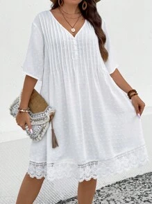 SHEIN LUNE 大碼圓點蕾絲拼接連衣裙 - 白色 - 查看 5