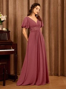 Embroidery Puff Sleeve Bridesmaid Dress - Redwood - View 1