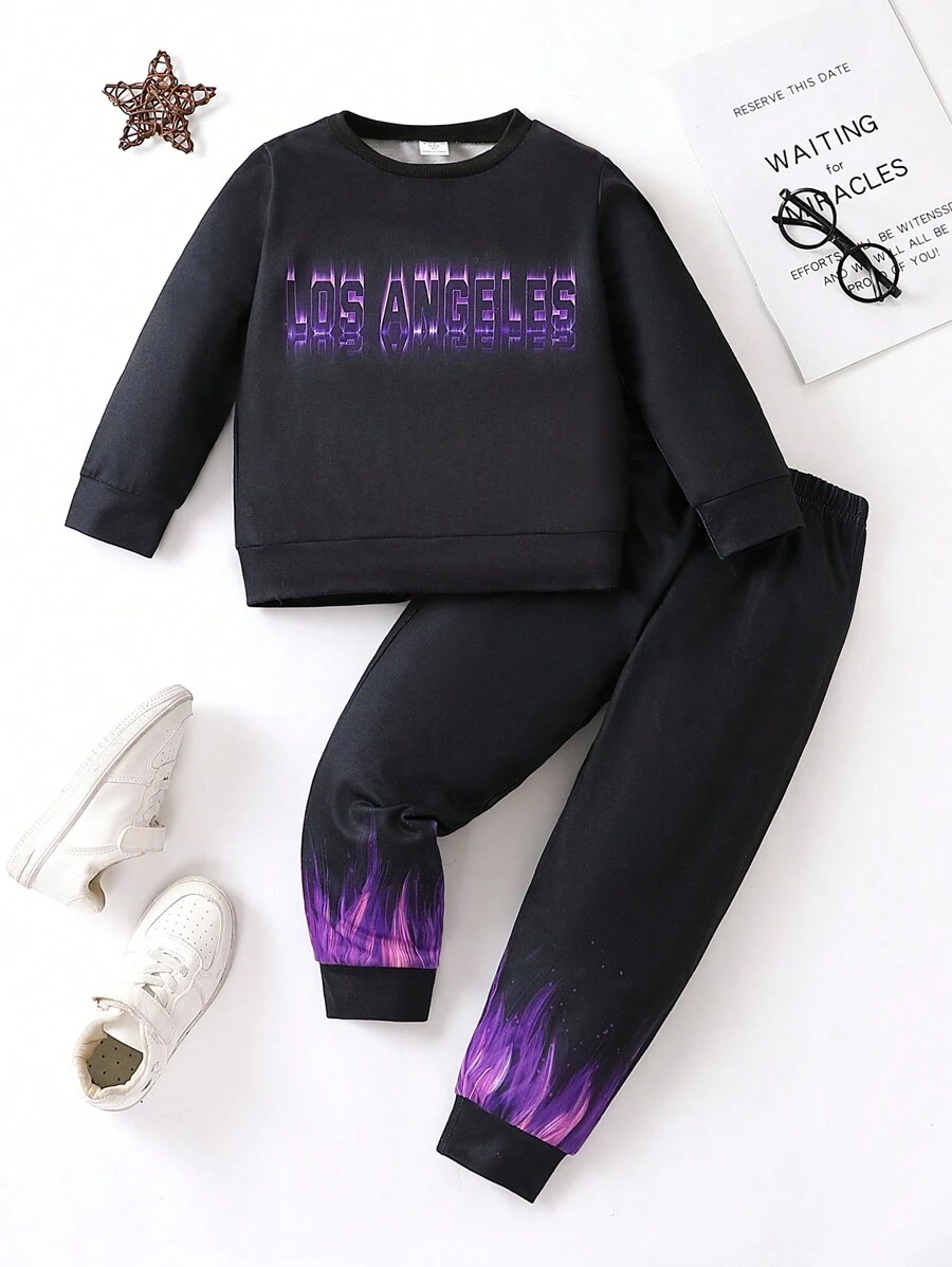 SHEIN Young Boy Letter Graphic Sweatshirt & Fire Print Joggers - Black - View 1