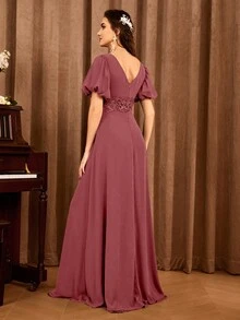 Embroidery Puff Sleeve Bridesmaid Dress - Redwood - View 2