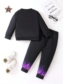 SHEIN Young Boy Letter Graphic Sweatshirt & Fire Print Joggers - Black - View 2