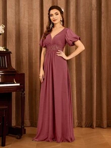 Embroidery Puff Sleeve Bridesmaid Dress - Redwood - View 3