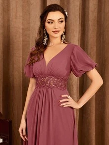Embroidery Puff Sleeve Bridesmaid Dress - Redwood - View 5