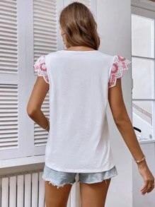 SHEIN LUNE Contrast Guipure Lace Butterfly Sleeve Tee - White - View 2
